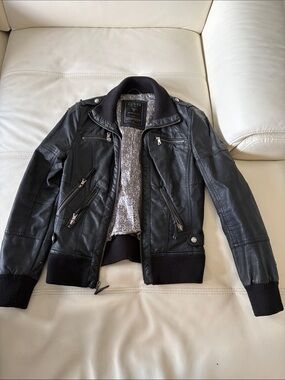 Guess Black Leather Jacket with Branded Lining